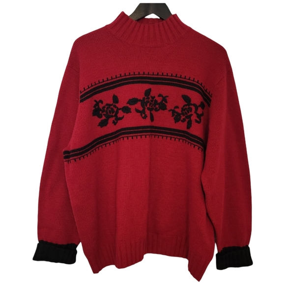 Evan Picone Sweaters - Evan Picone women's vintage mock neck sweater red with black embroidery